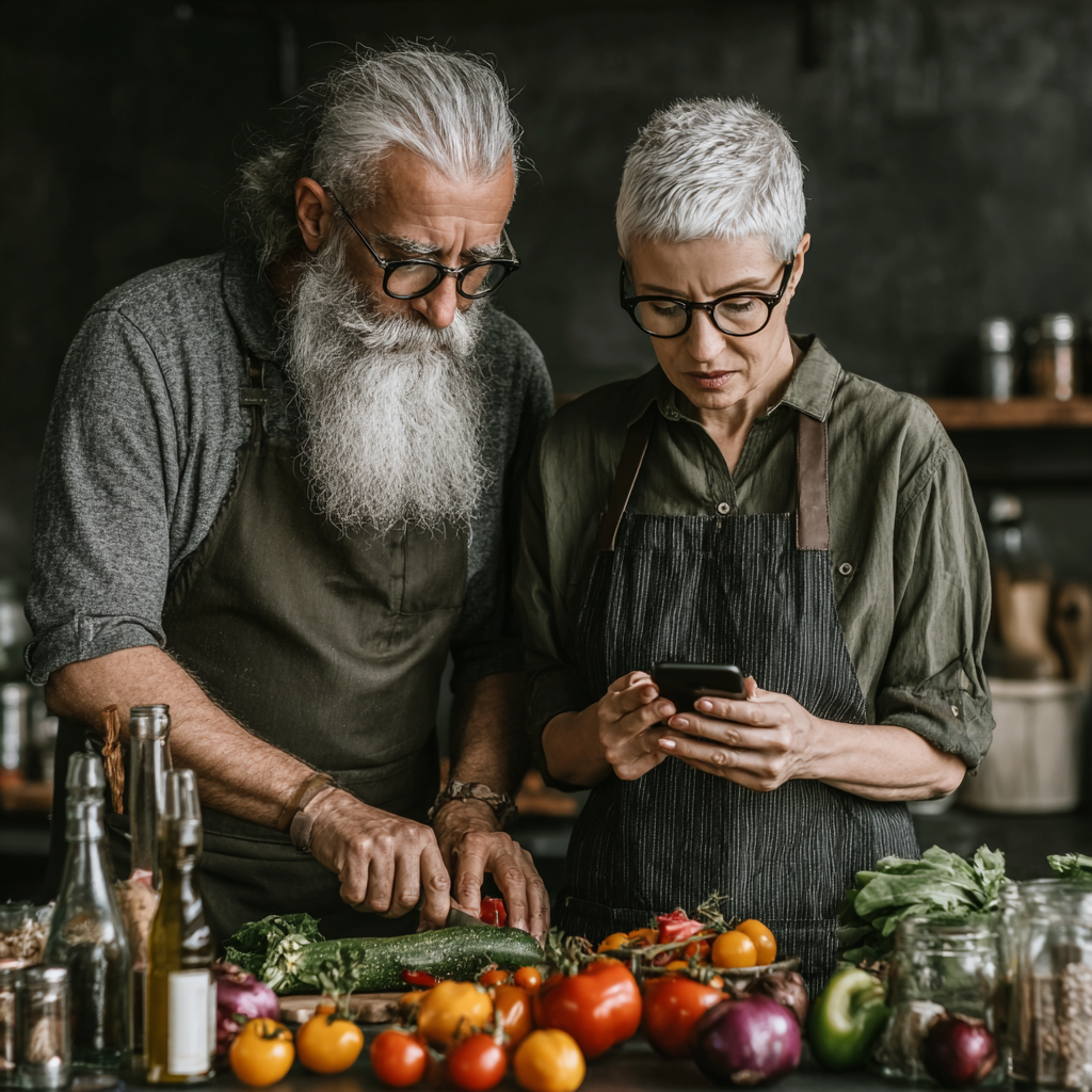 Пара 55-60 років разом готує здорову їжу, використовуючи рецепти з мобільного додатку kelvundash