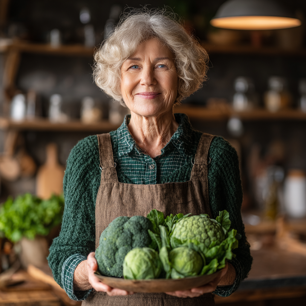 Щаслива жінка 55 років тримає тарілку зі свіжими овочами та усміхається, демонструючи результати здорового харчування