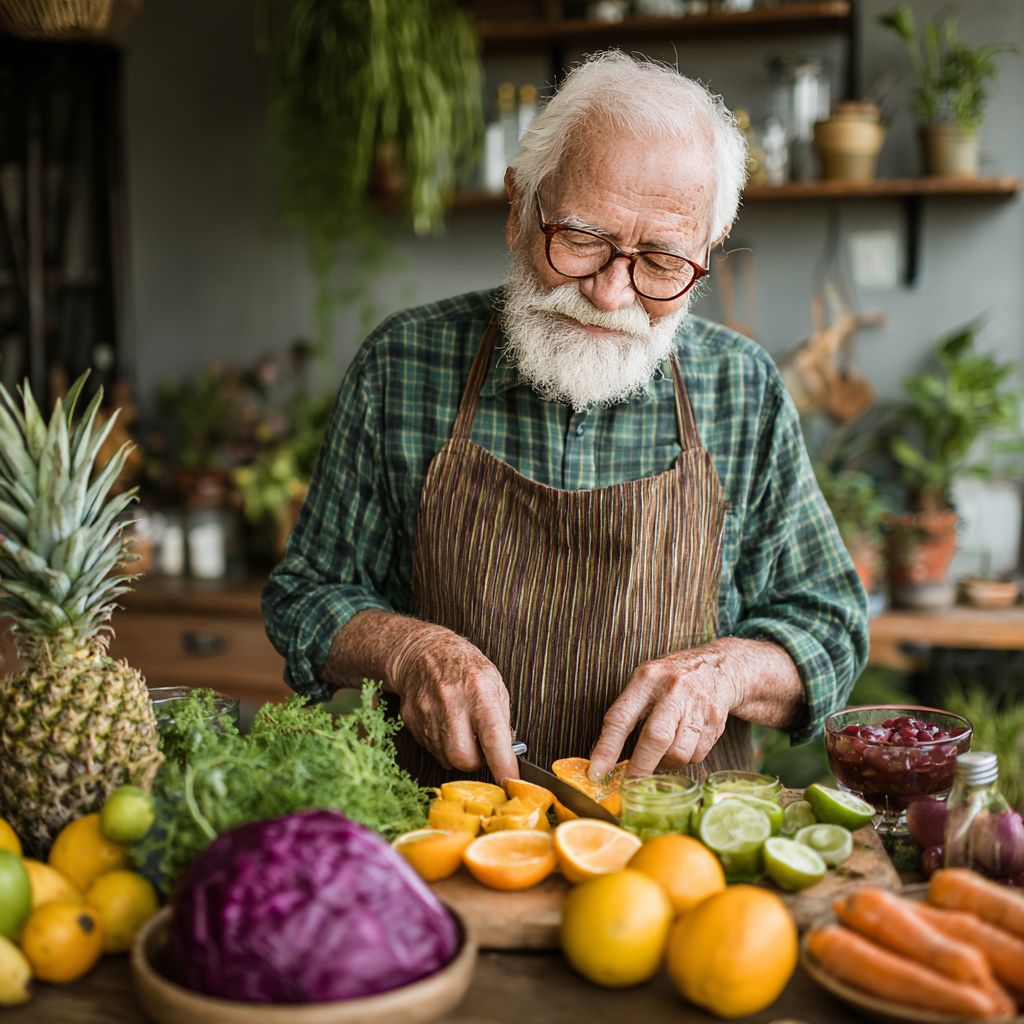 Чоловік 60 років готує здорову їжу на кухні, демонструючи різноманітні продукти для збалансованого харчування
